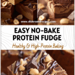 A close-up of thick slices of Healthy Chocolate Peanut Protein Fudge with peanut drizzle and Low Calorie Chocolate pieces.